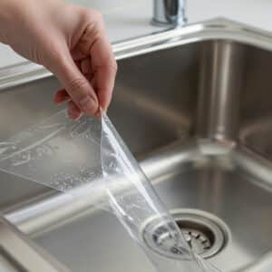 Une main tient un film plastique transparent mouillé au-dessus d'un évier de cuisine en acier inoxydable, avec des gouttes d'eau.